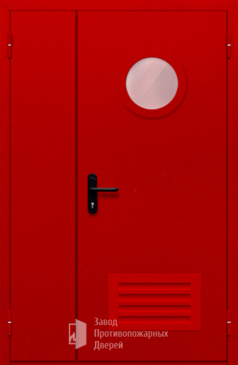 Фото двери «Полуторная с круглым стеклом и решеткой (красная)» в Ликино-Дулёво